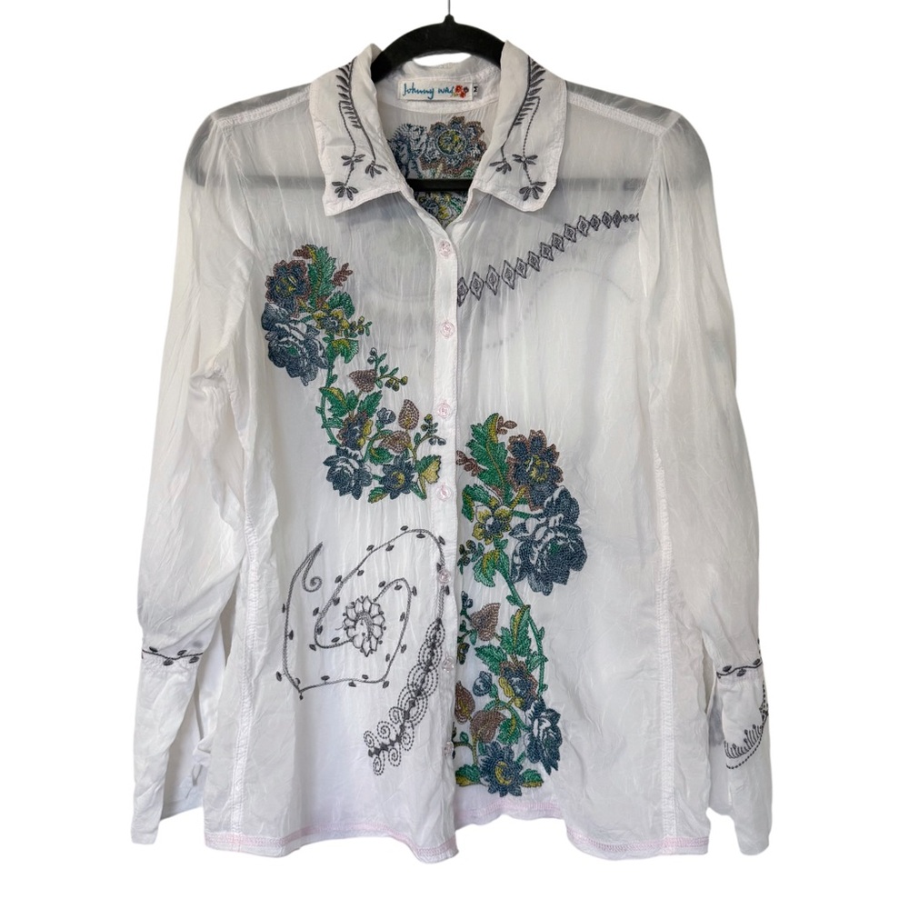 Johnny Was White Embroidered‎ Floral Semi Sheer Shirt Size Medium Boho Dainty